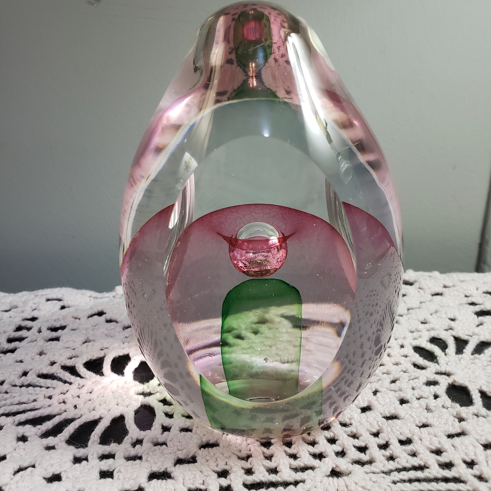 Vintage Glass Paperweight Controlled Bubbles Egg Shaped Art Glass Swirl Design